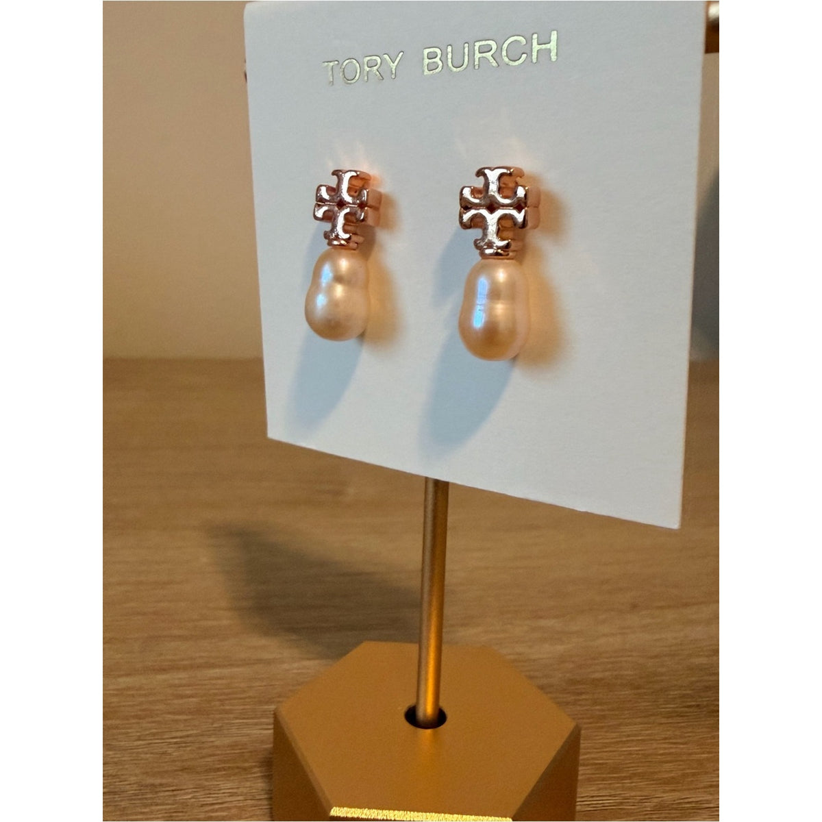 Tory Burch Rose Gold Logo Faux Pearl Drop Stud Earrings New