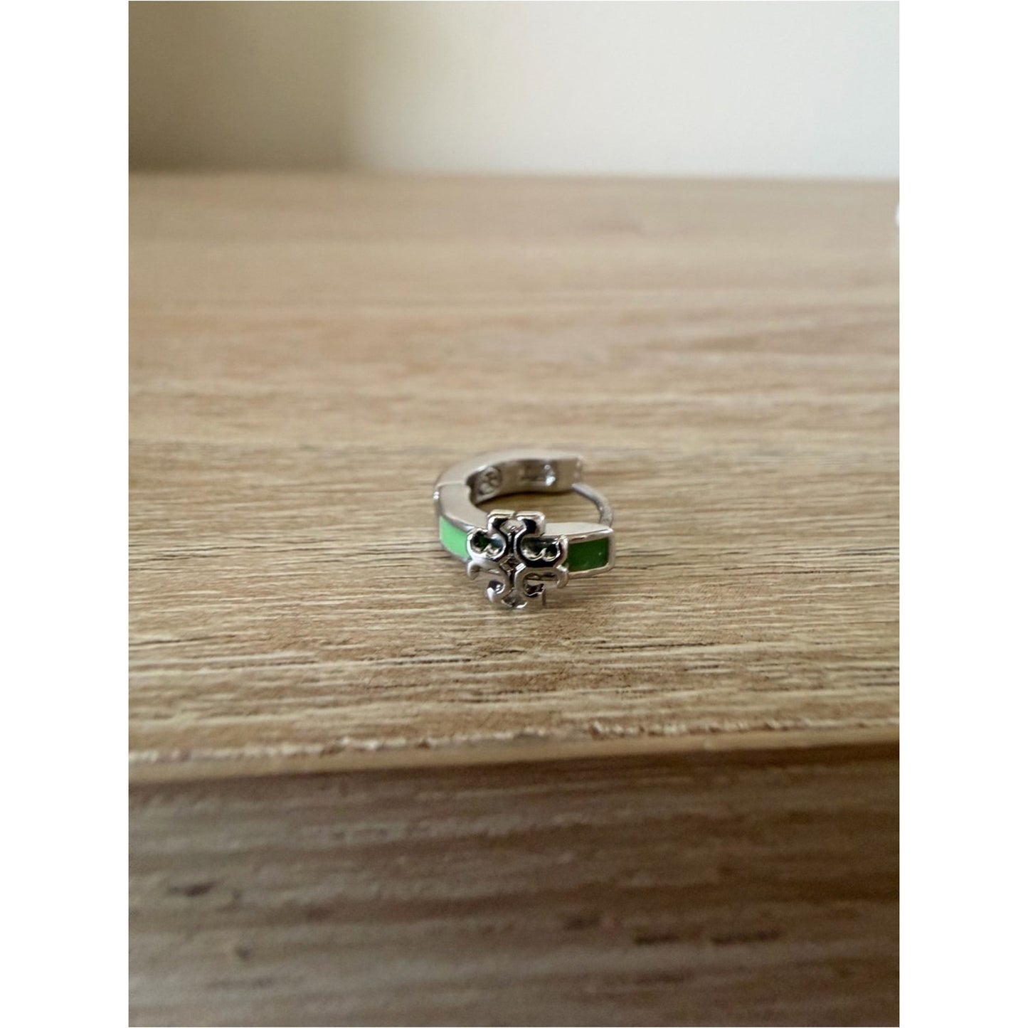 Tory Burch Kira Silver Tone Green Enamel Logo Huggie Hoop Earrings