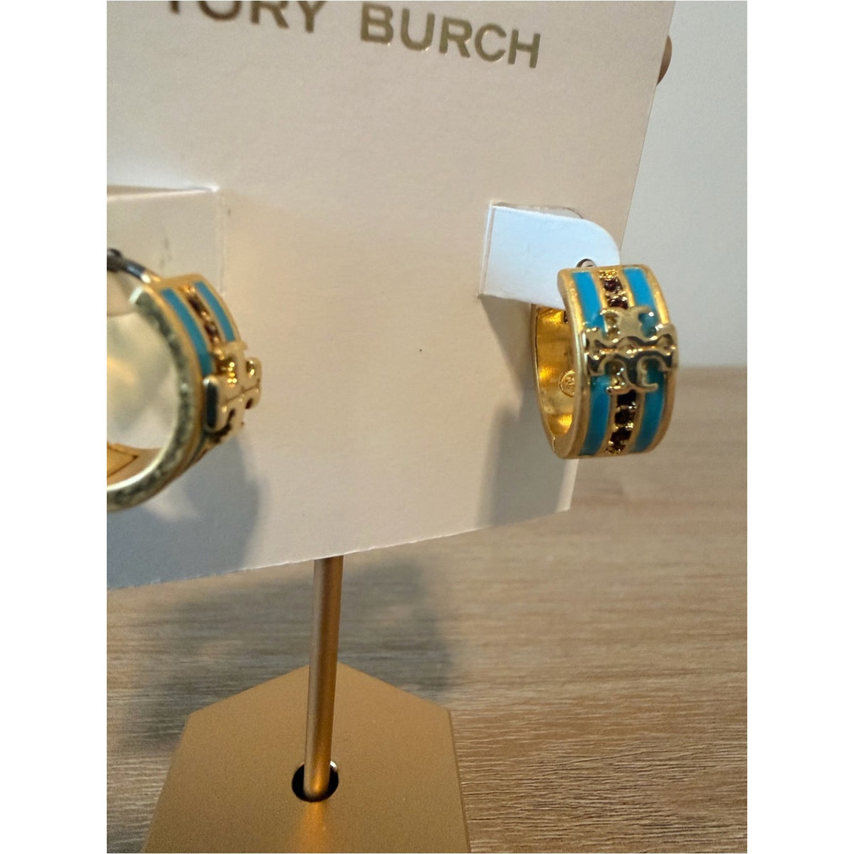 Tory Burch Gold Tone Blue Enamel Double T Huggie Hoop Earrings