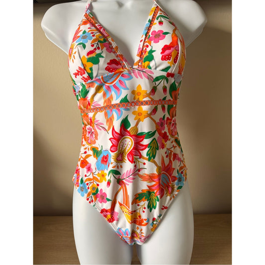 Cupshe One Piece Swimsuit Floral Halter Tie Back Cutout NWT Size Small