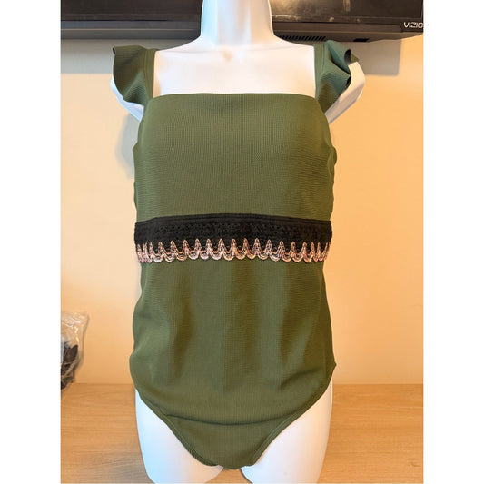 CUPSHE Olive Green Textured One Piece Ruffle Sleeve Swimwear Size L