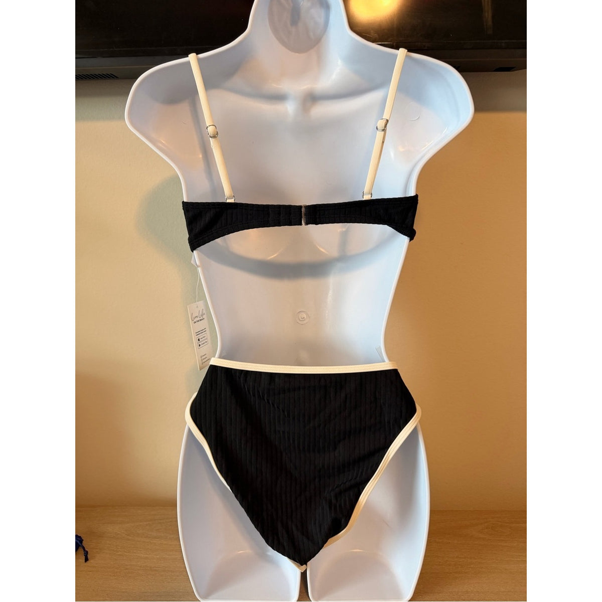 NWT Cupshe Black Cream Ribbed High Waisted Bikini Set Size M