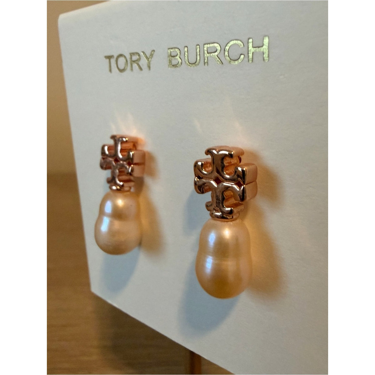 Tory Burch Rose Gold Logo Faux Pearl Drop Stud Earrings New