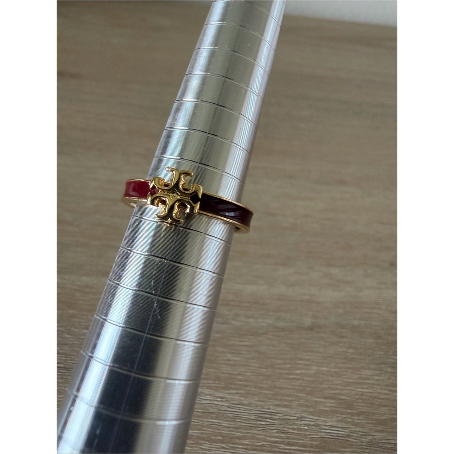 Tory Burch Burgundy Enamel Logo Ring Gold Tone Size 7 New