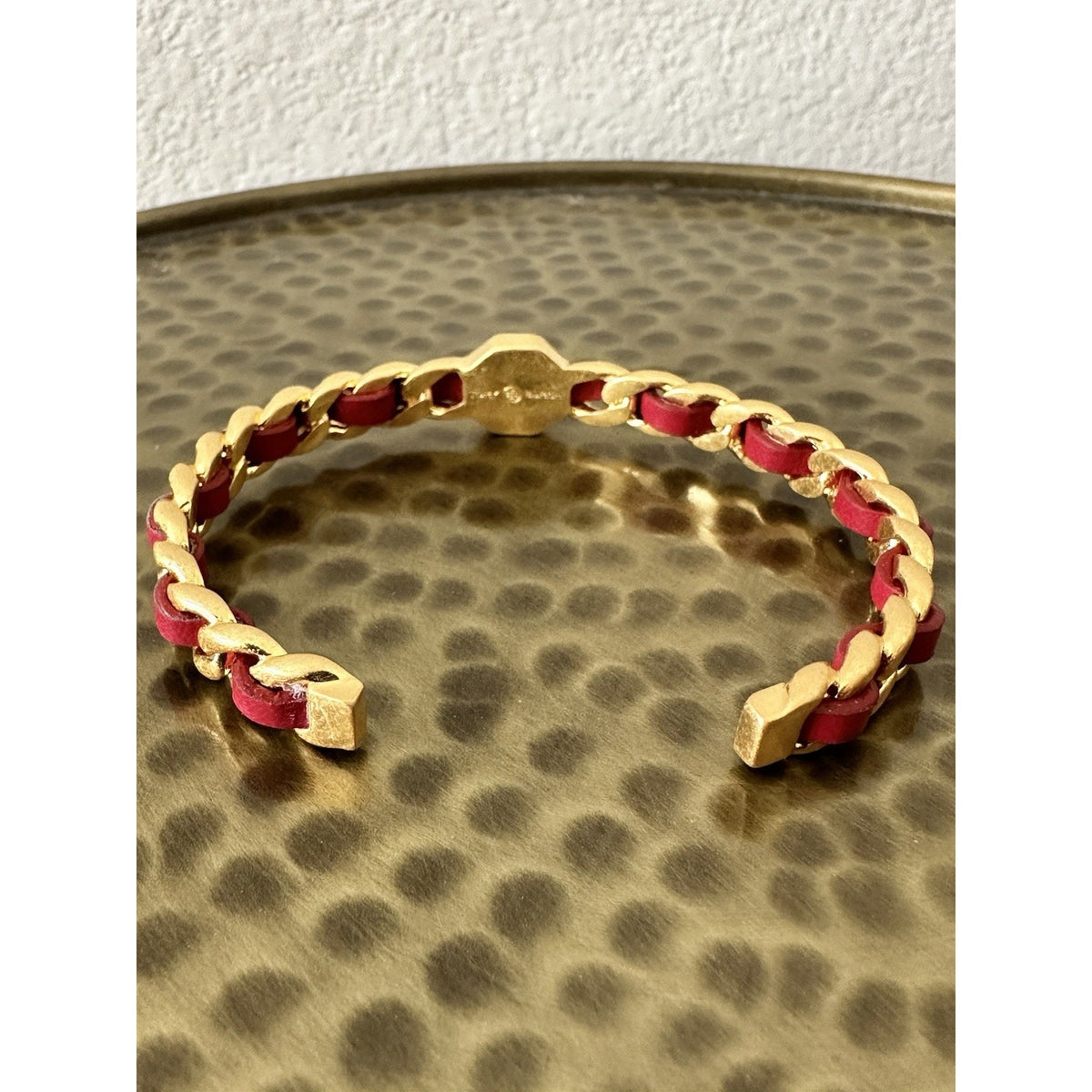 Tory Burch Gold Tone Chain Bracelet with Red Leather Inlay