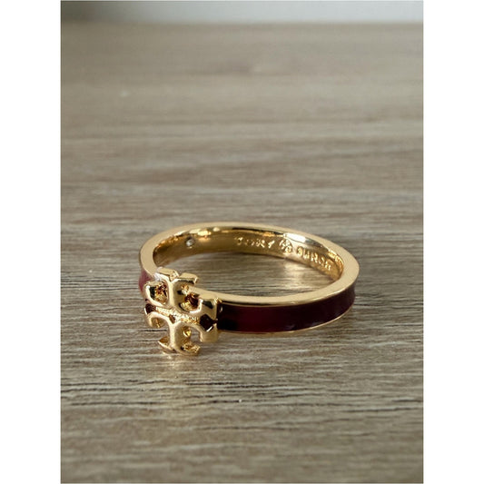 Tory Burch Burgundy Enamel Logo Ring Gold Tone Size 7 New