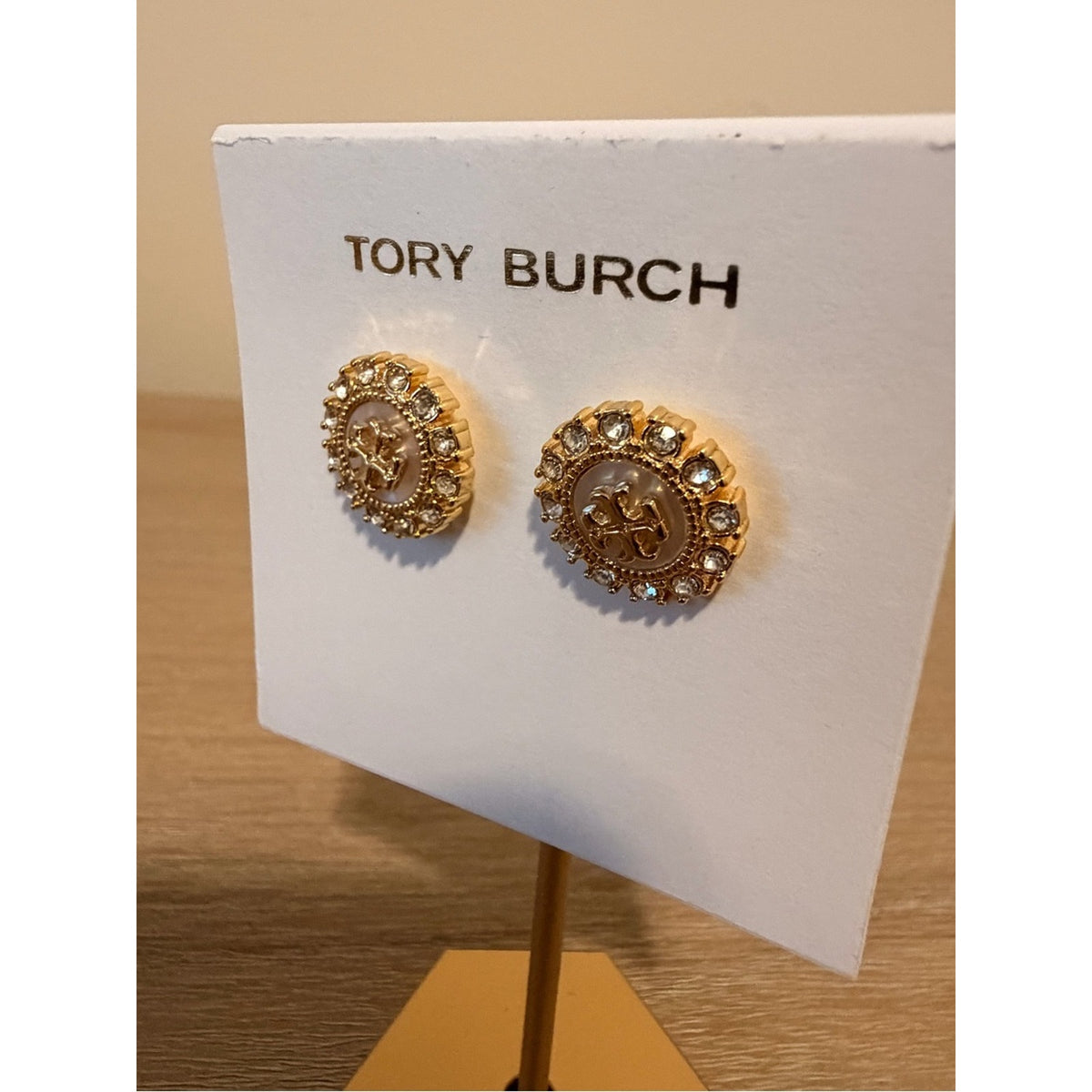 Tory Burch Moondance Mother of Pearl Stud Earrings Crystal Accents Gold new