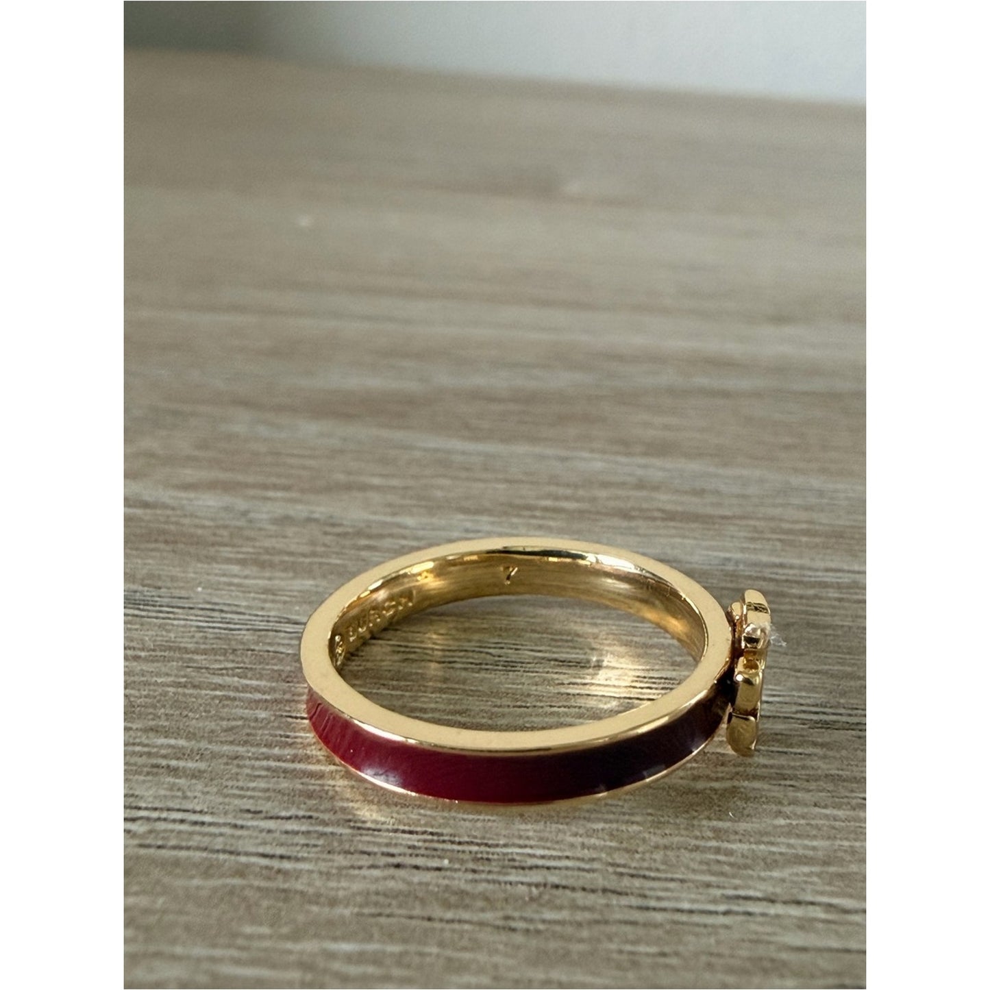 Tory Burch Burgundy Enamel Logo Ring Gold Tone Size 7 New
