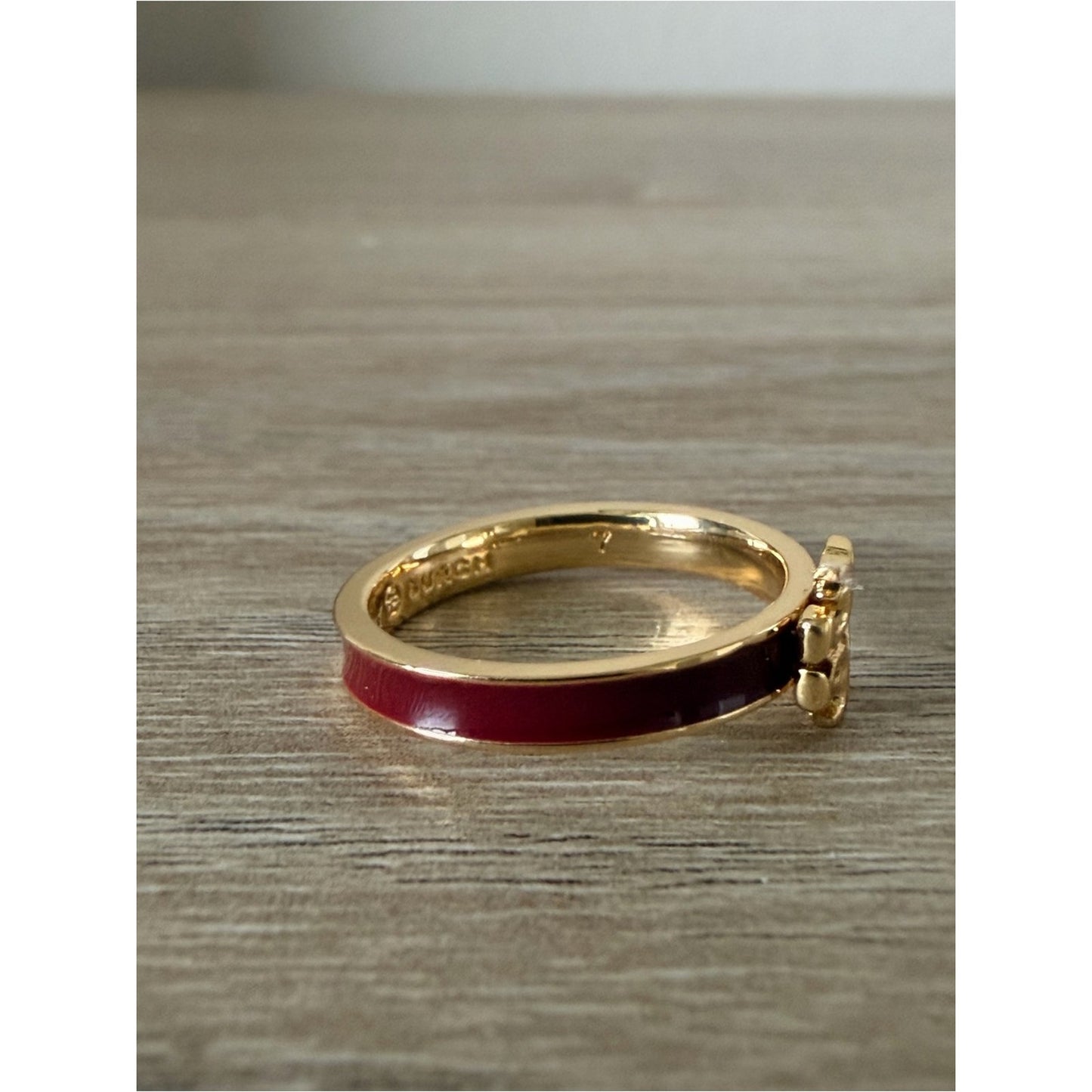 Tory Burch Burgundy Enamel Logo Ring Gold Tone Size 7 New