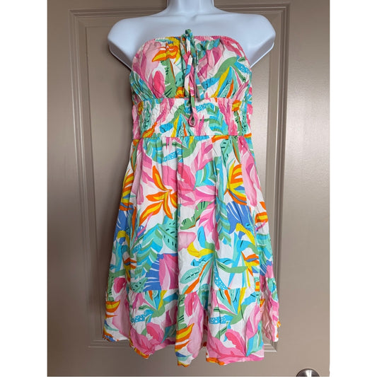 NWT Cupshe Tropical Strapless Smocked Midi Dress Medium Pink Green Floral