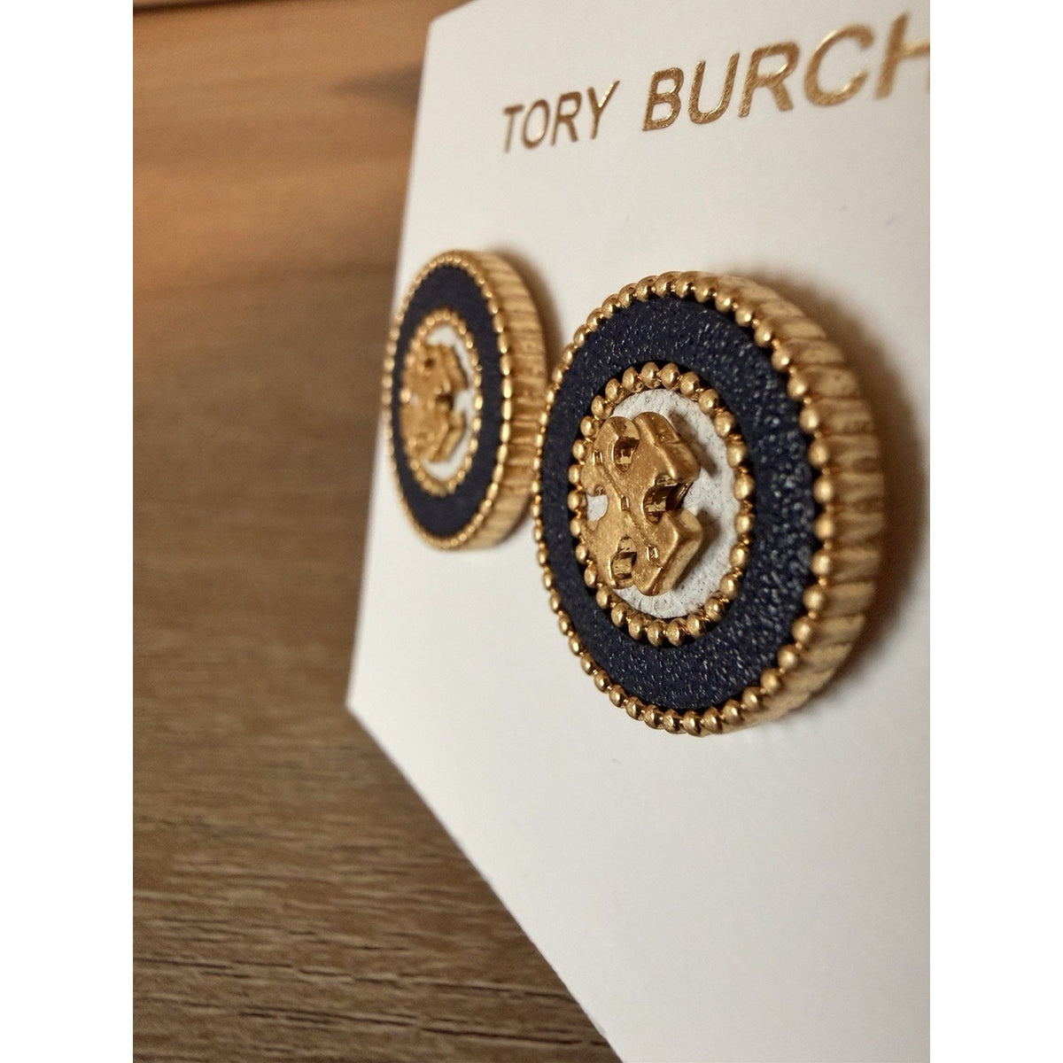 Tory Burch Navy Blue White Leather Logo Medallion Stud Earrings Gold Tone