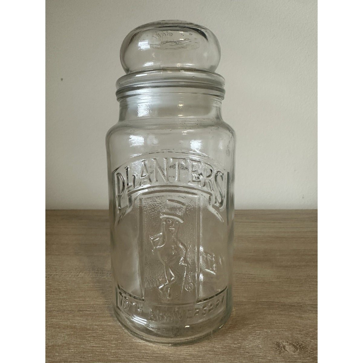 Vintage Planters Mr Peanut Glass Jar w Lid 75th Anniversary 1906-1981