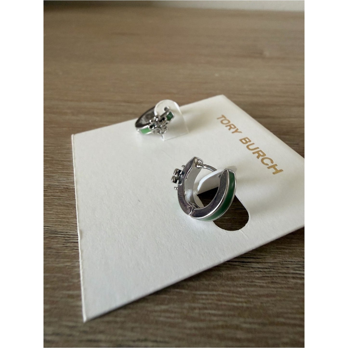 Tory Burch Kira Silver Tone Green Enamel Logo Huggie Hoop Earrings