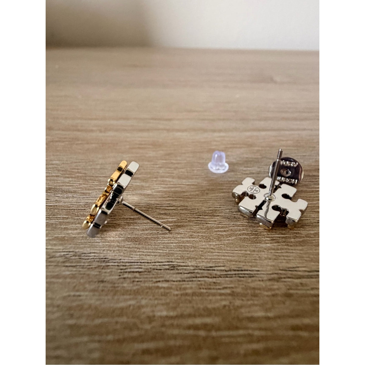 Tory Burch Two Tone Miller Logo Stud Earrings Gold Silver New