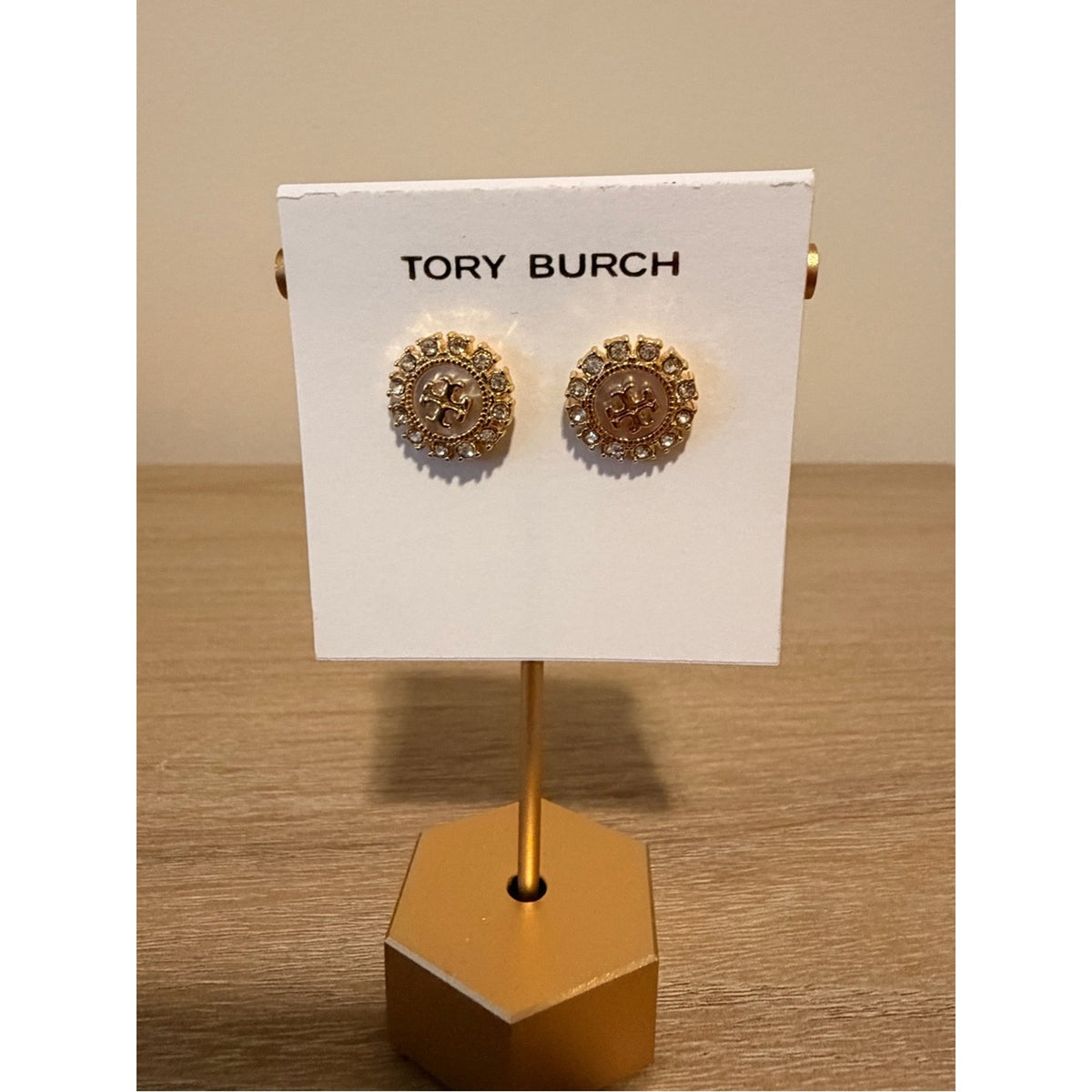 Tory Burch Moondance Mother of Pearl Stud Earrings Crystal Accents Gold new