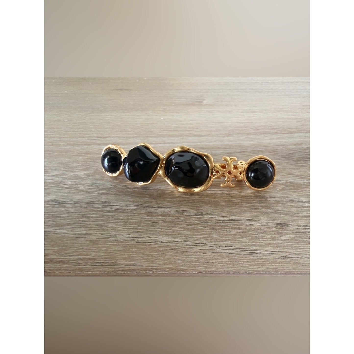 Tory Burch Black Enamel Gold Tone Hair Barrette Logo Hair Clip