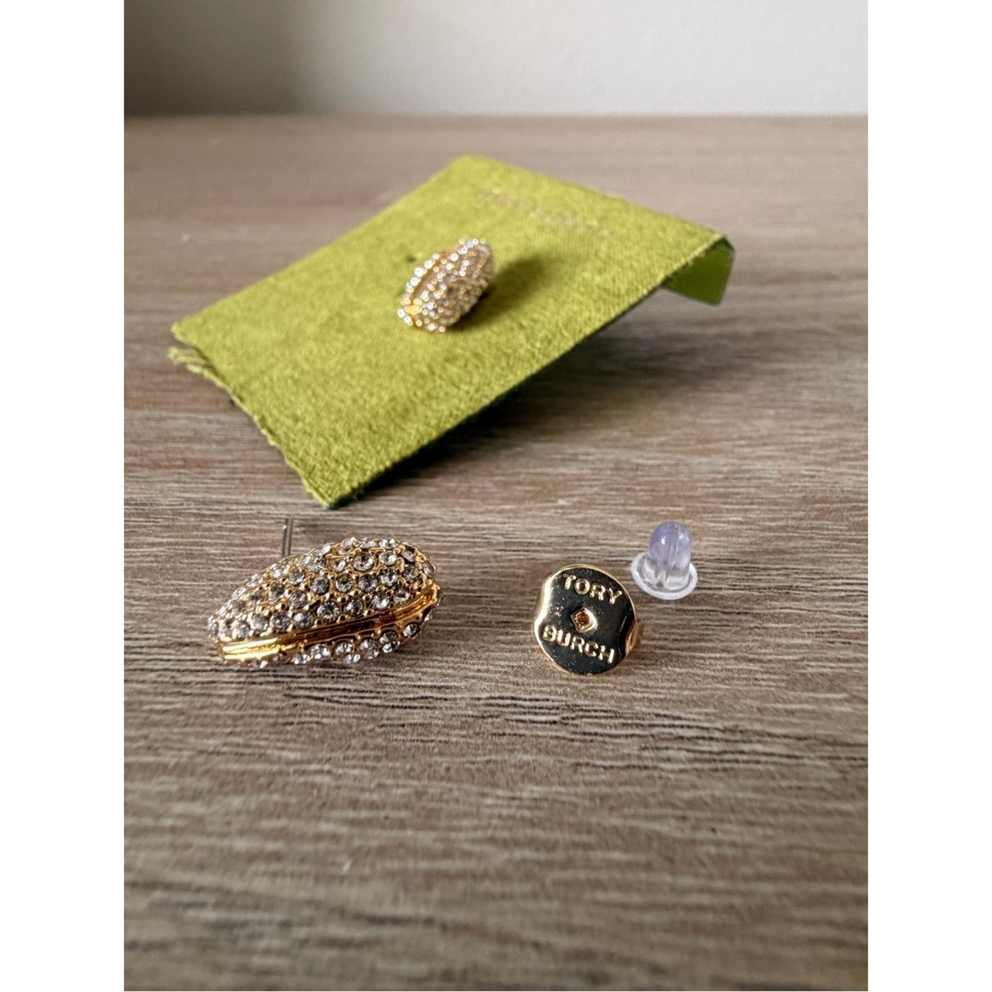 Tory Burch Gold Pavé Crystal Oval Stud Earrings Logo