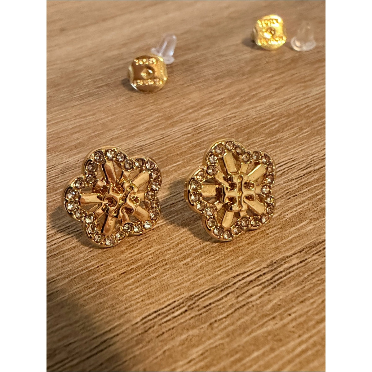New Tory Burch Gold Floral Crystal Logo Stud Earrings