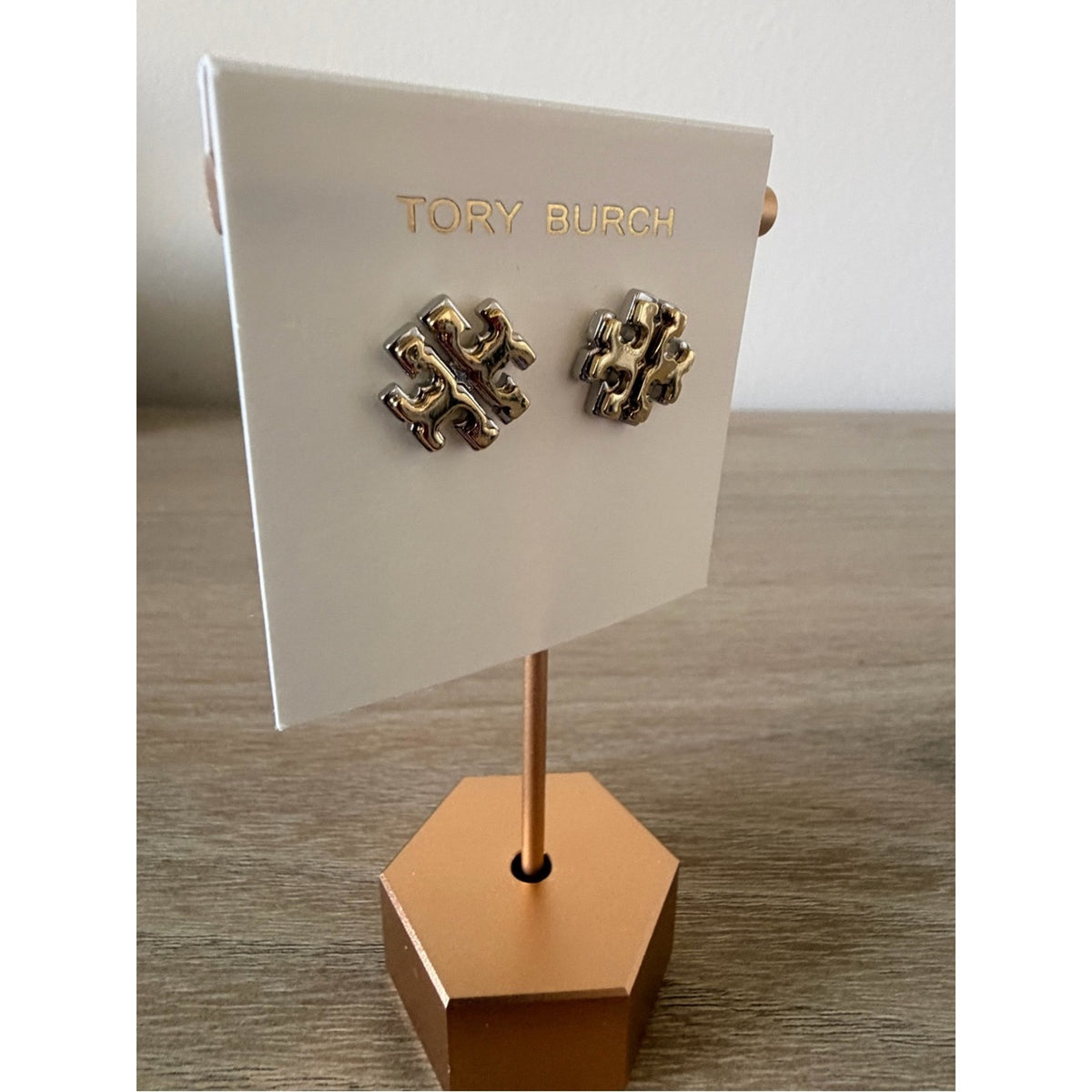 Tory Burch Two Tone Miller Logo Stud Earrings Gold Silver New