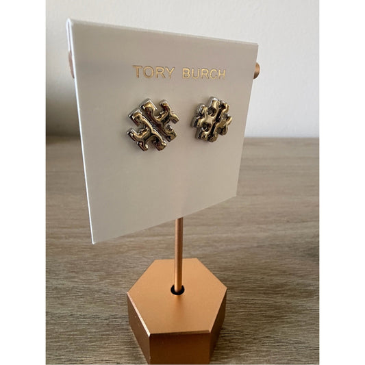 Tory Burch Two Tone Miller Logo Stud Earrings Gold Silver New