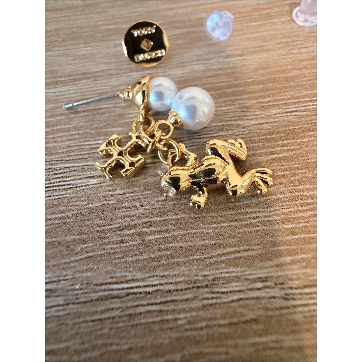 New Tory Burch Gold Frog Charm Pearl Drop Earrings