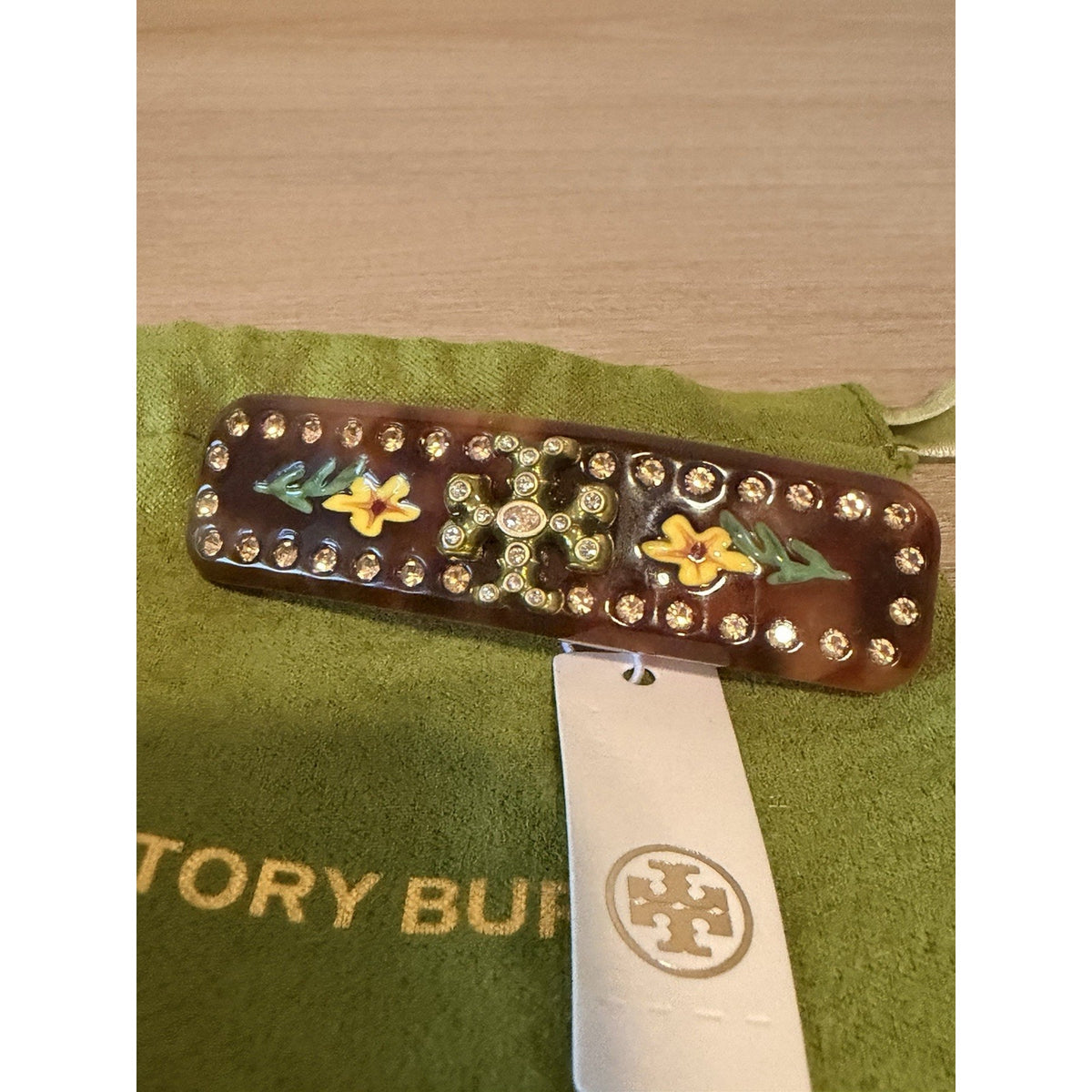 Tory Burch Resin Crystal Floral Tortoise Hair Barrette Clip
