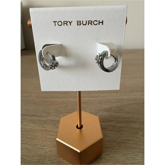 Tory Burch Kira Silver Tone Green Enamel Logo Huggie Hoop Earrings