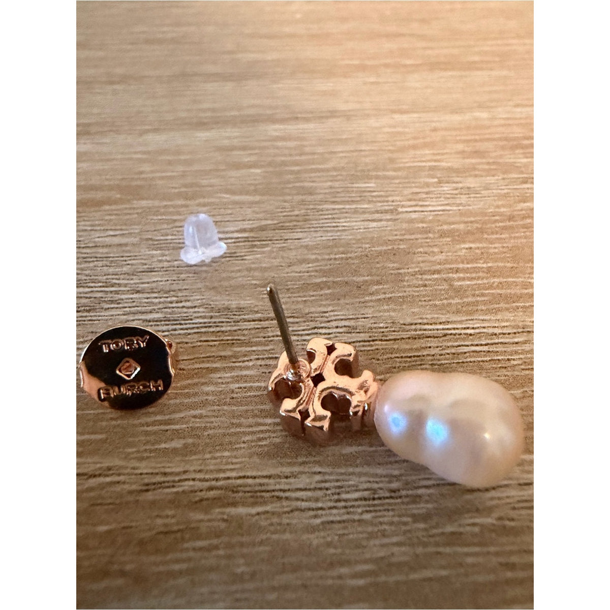 Tory Burch Rose Gold Logo Faux Pearl Drop Stud Earrings New