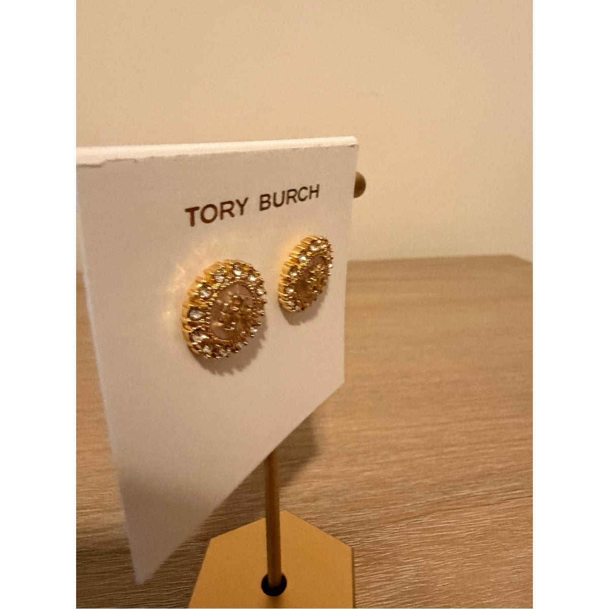 Tory Burch Moondance Mother of Pearl Stud Earrings Crystal Accents Gold new