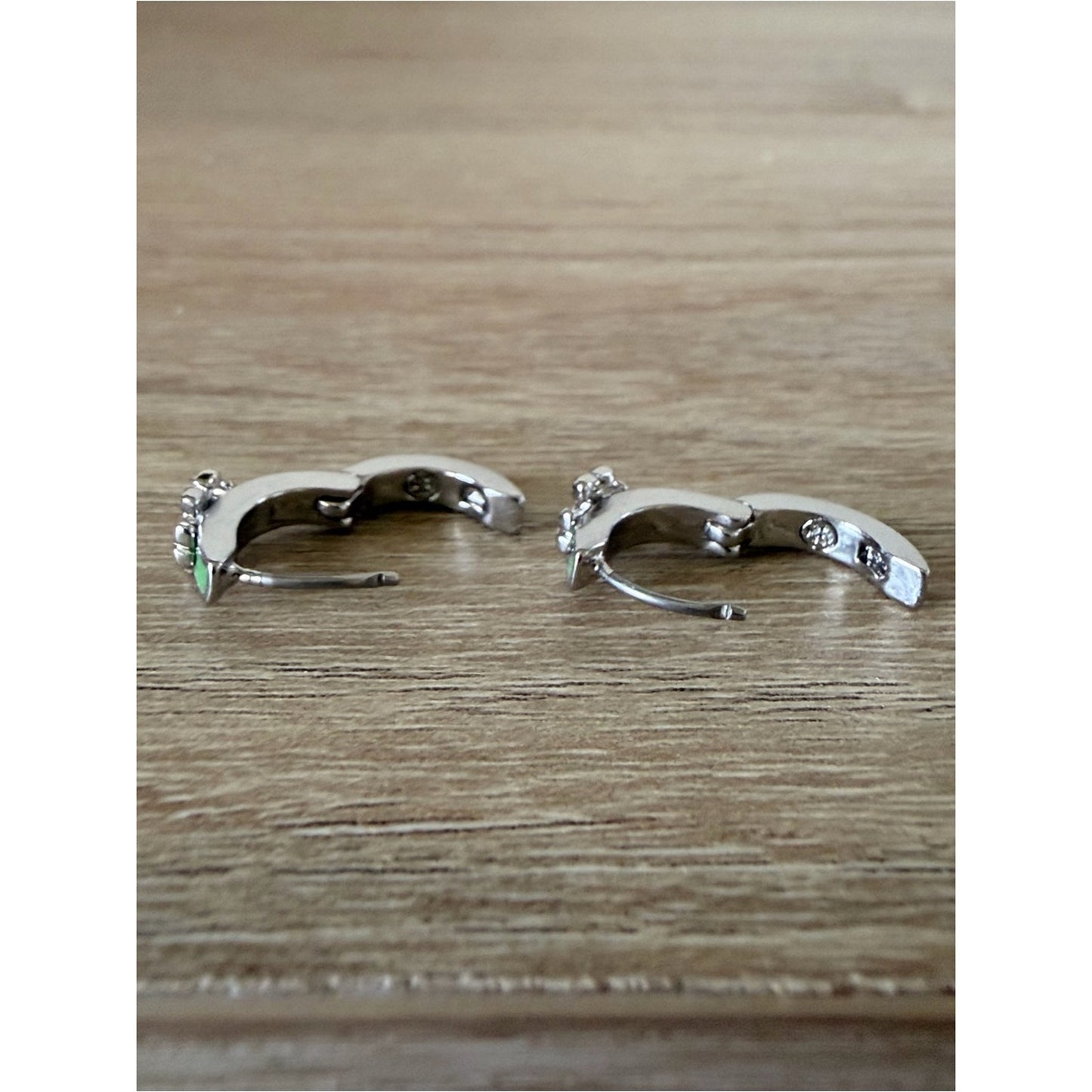 Tory Burch Kira Silver Tone Green Enamel Logo Huggie Hoop Earrings