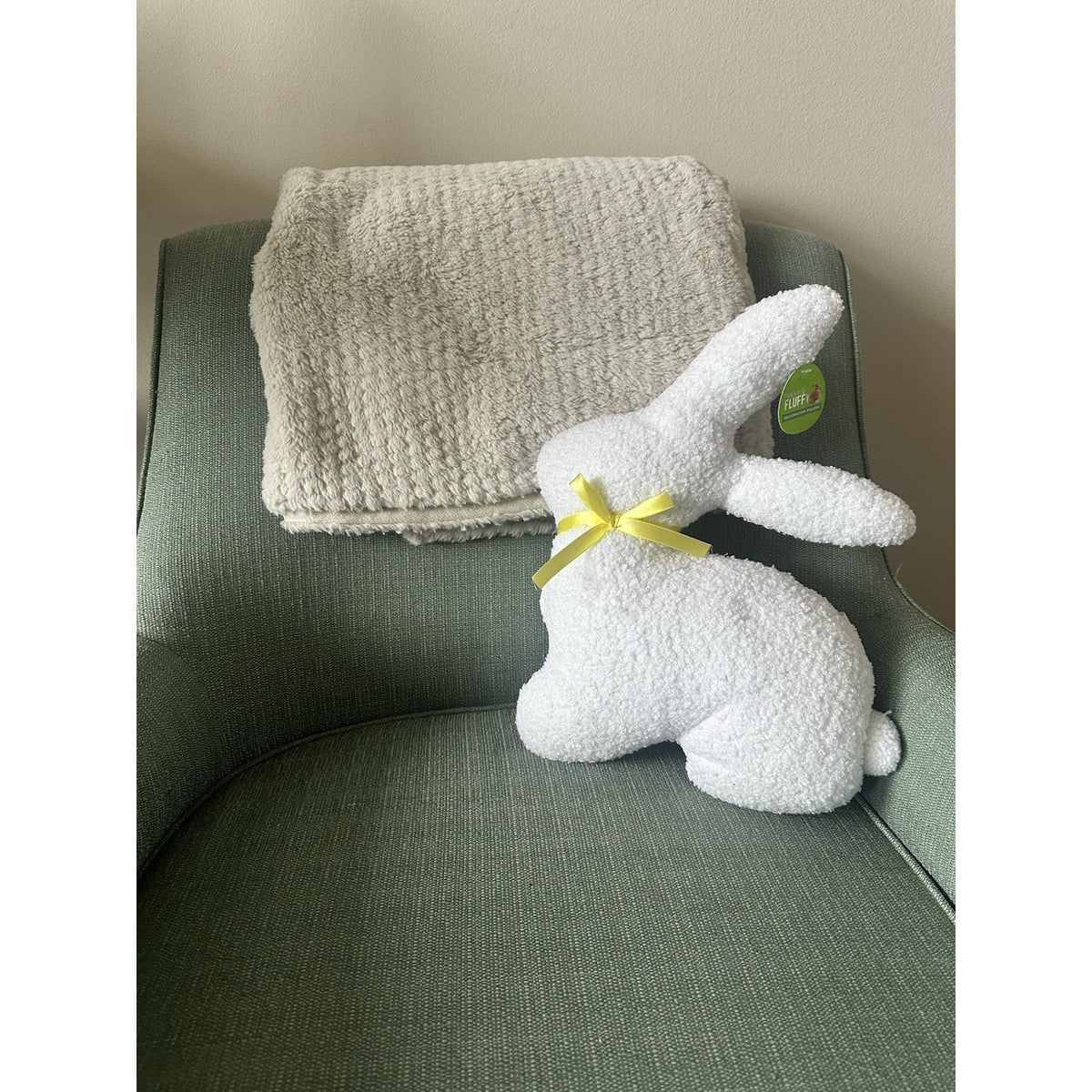 Fluffy White Bunny Rabbit Decorative Pillow Plush w/ Yellow Bow - Home Decor