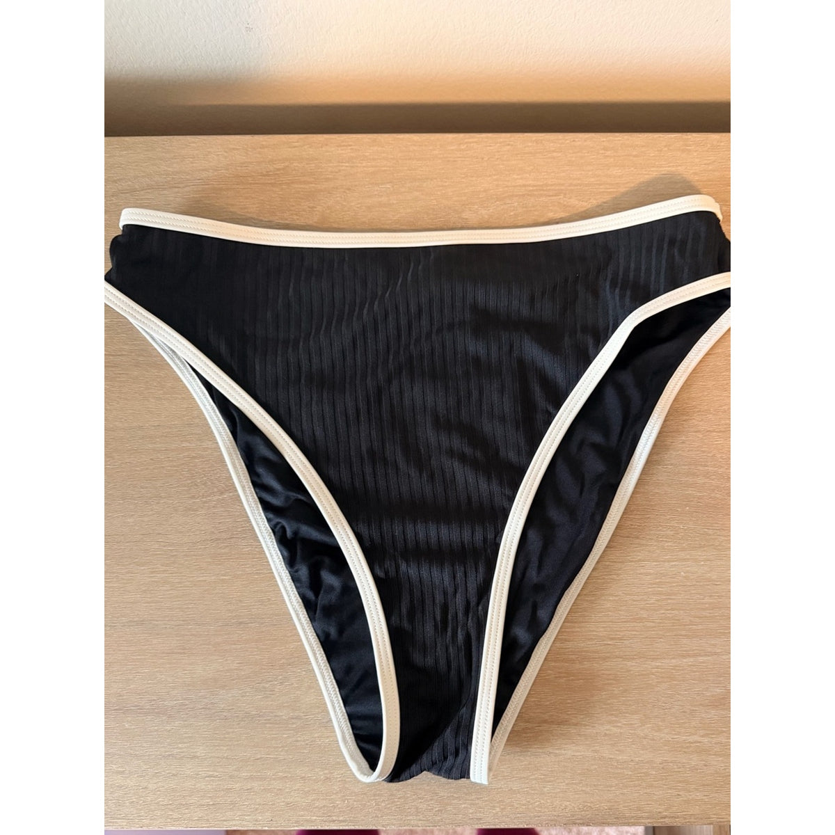 NWT Cupshe Black Cream Ribbed High Waisted Bikini Set Size M