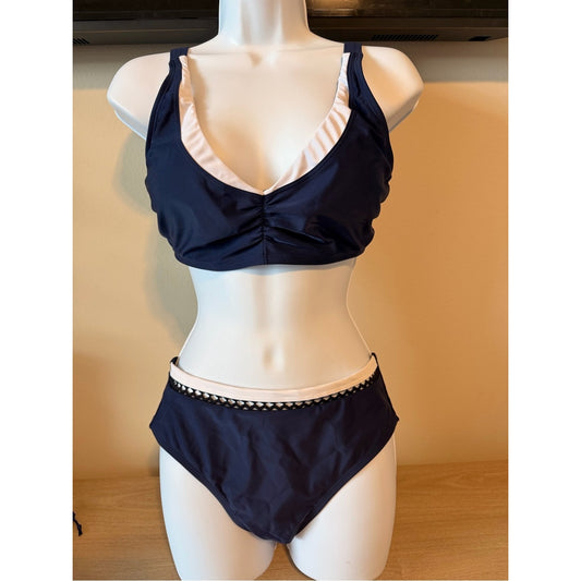 NWT Cupshe Navy White Crochet Trim Bikini Set Size S Adjustable Swim