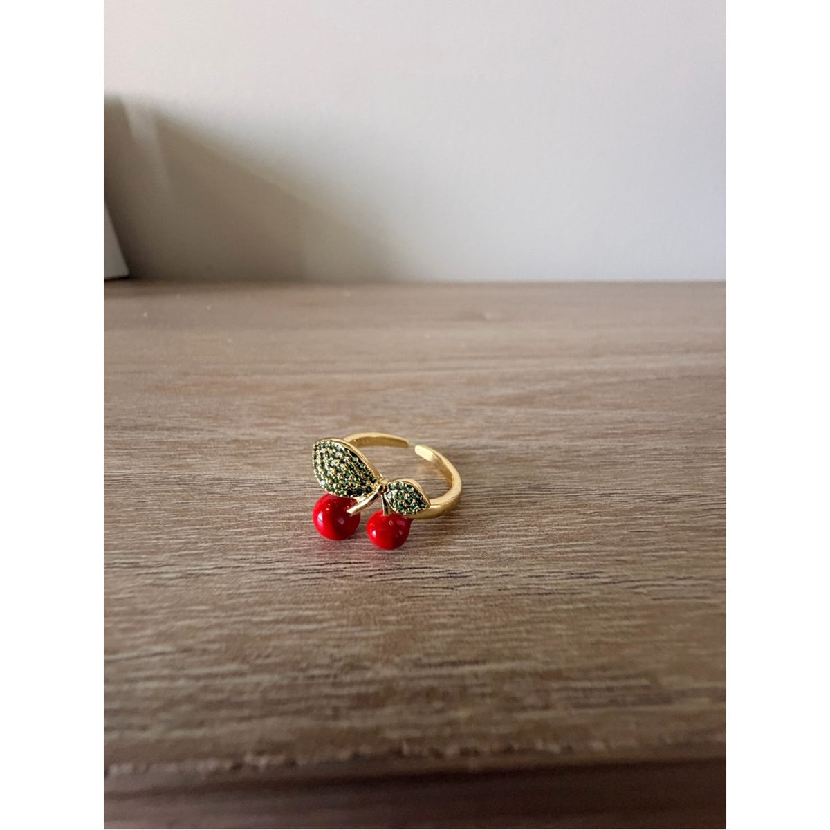 Gold Cherry Ring with Red Enamel Accents