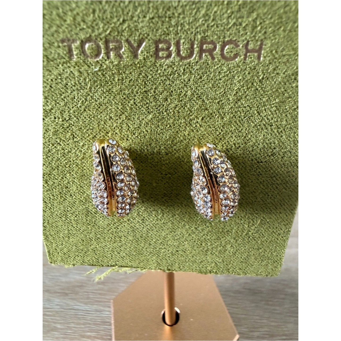 Tory Burch Gold Pavé Crystal Oval Stud Earrings Logo