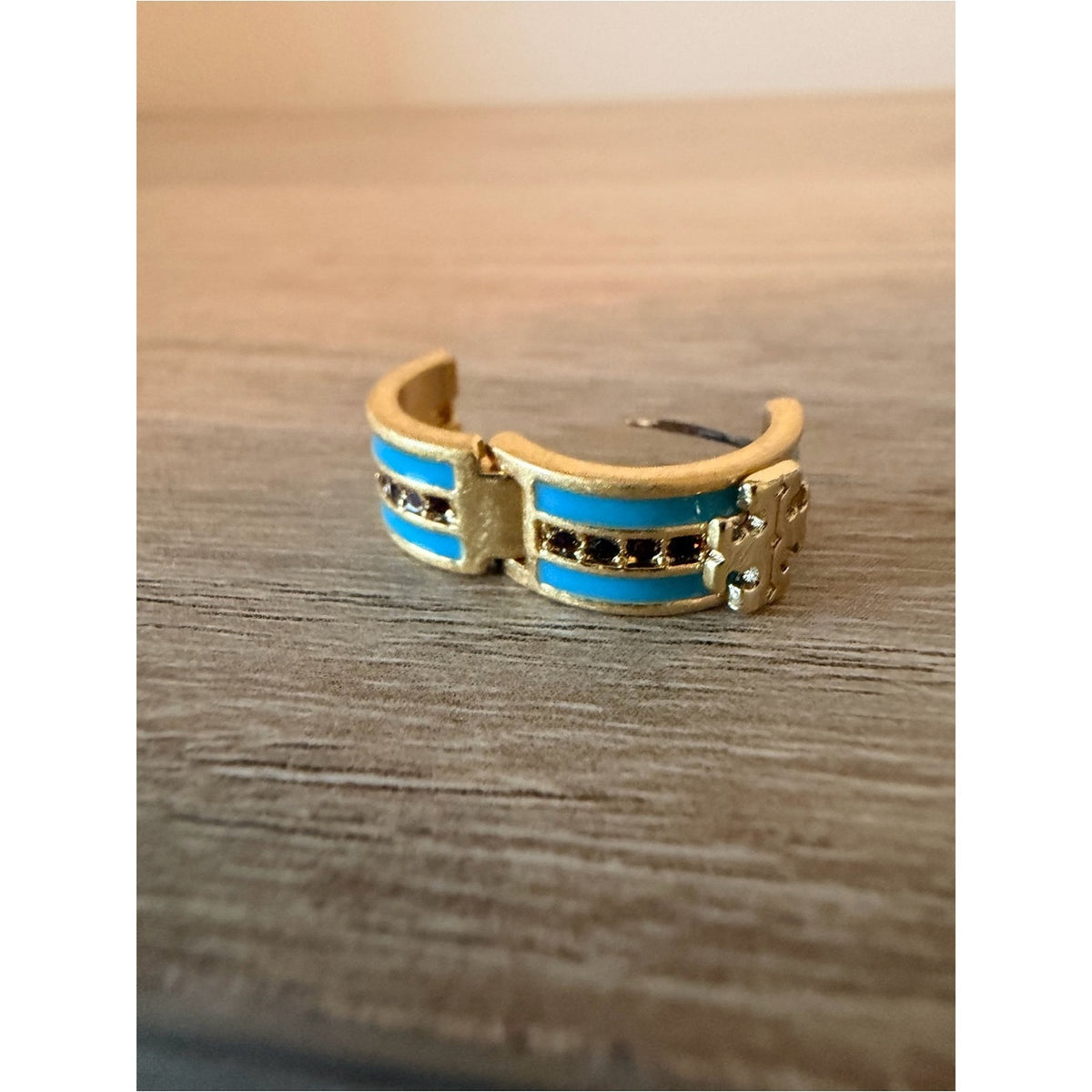 Tory Burch Gold Tone Blue Enamel Double T Huggie Hoop Earrings