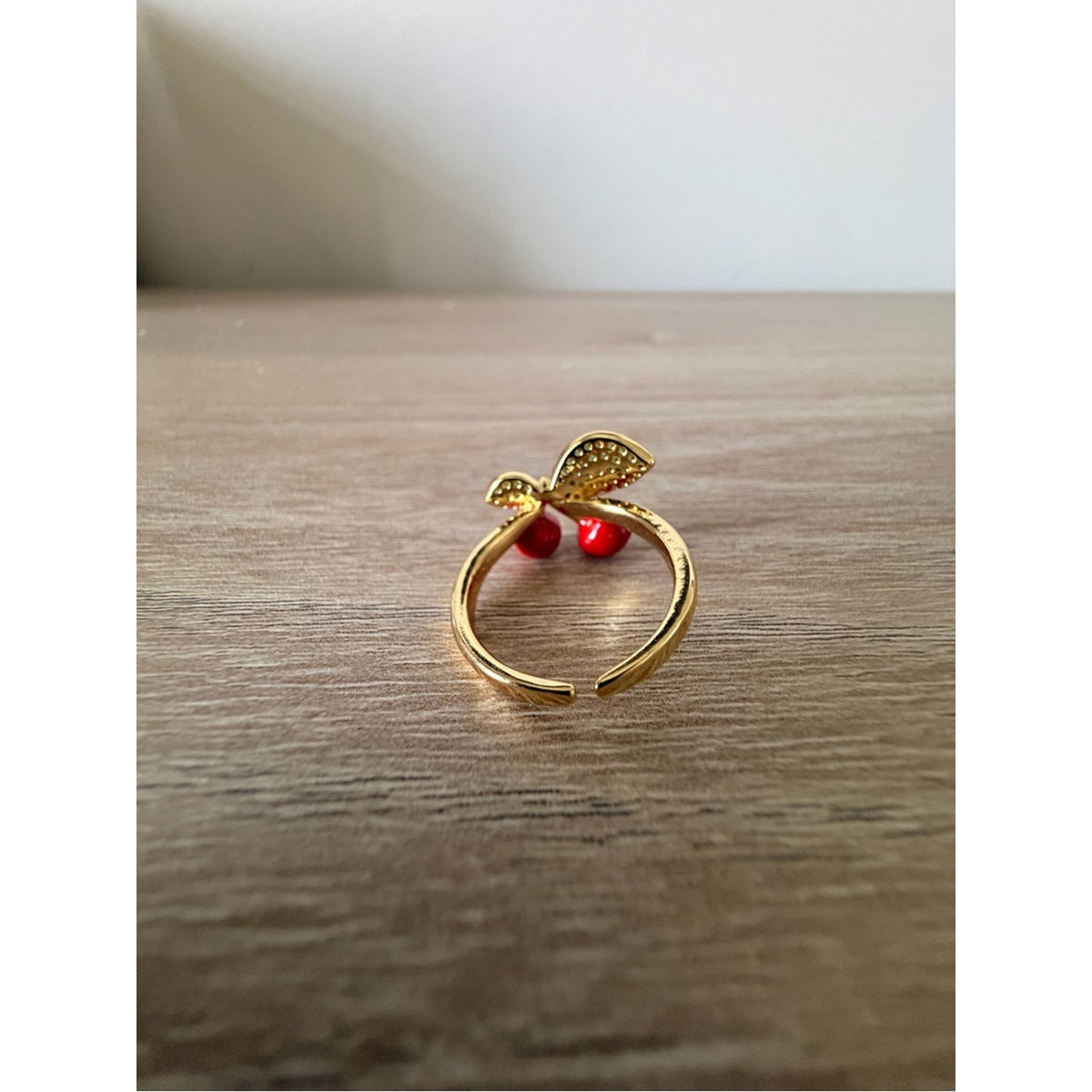 Gold Cherry Ring with Red Enamel Accents