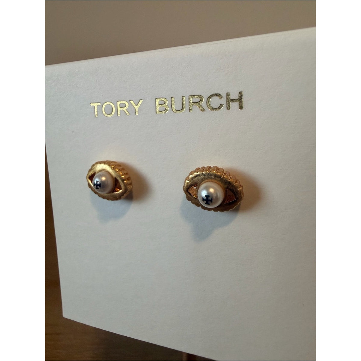 Tory Burch Gold Eye Faux Pearl Stud Earrings New