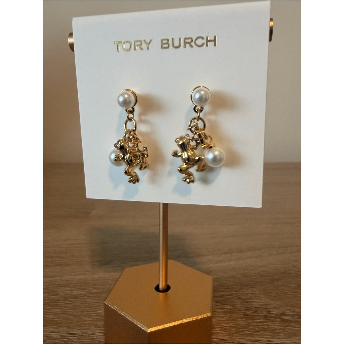 New Tory Burch Gold Frog Charm Pearl Drop Earrings