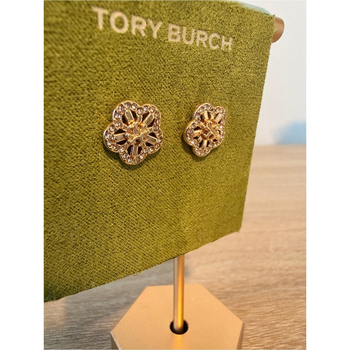New Tory Burch Gold Floral Crystal Logo Stud Earrings