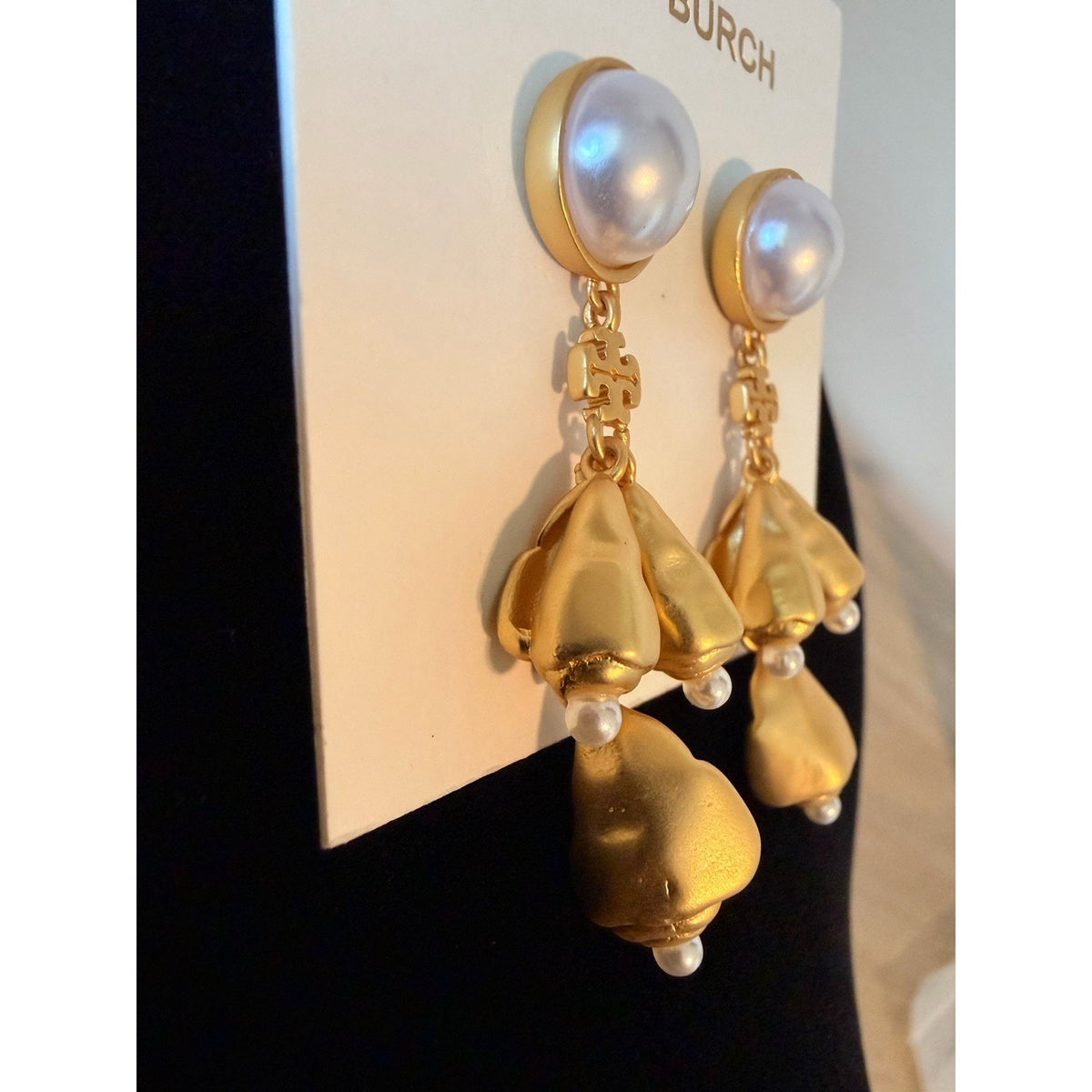 Tory Burch Pearl Drop Earrings Gold Tone Logo Statement Dangle