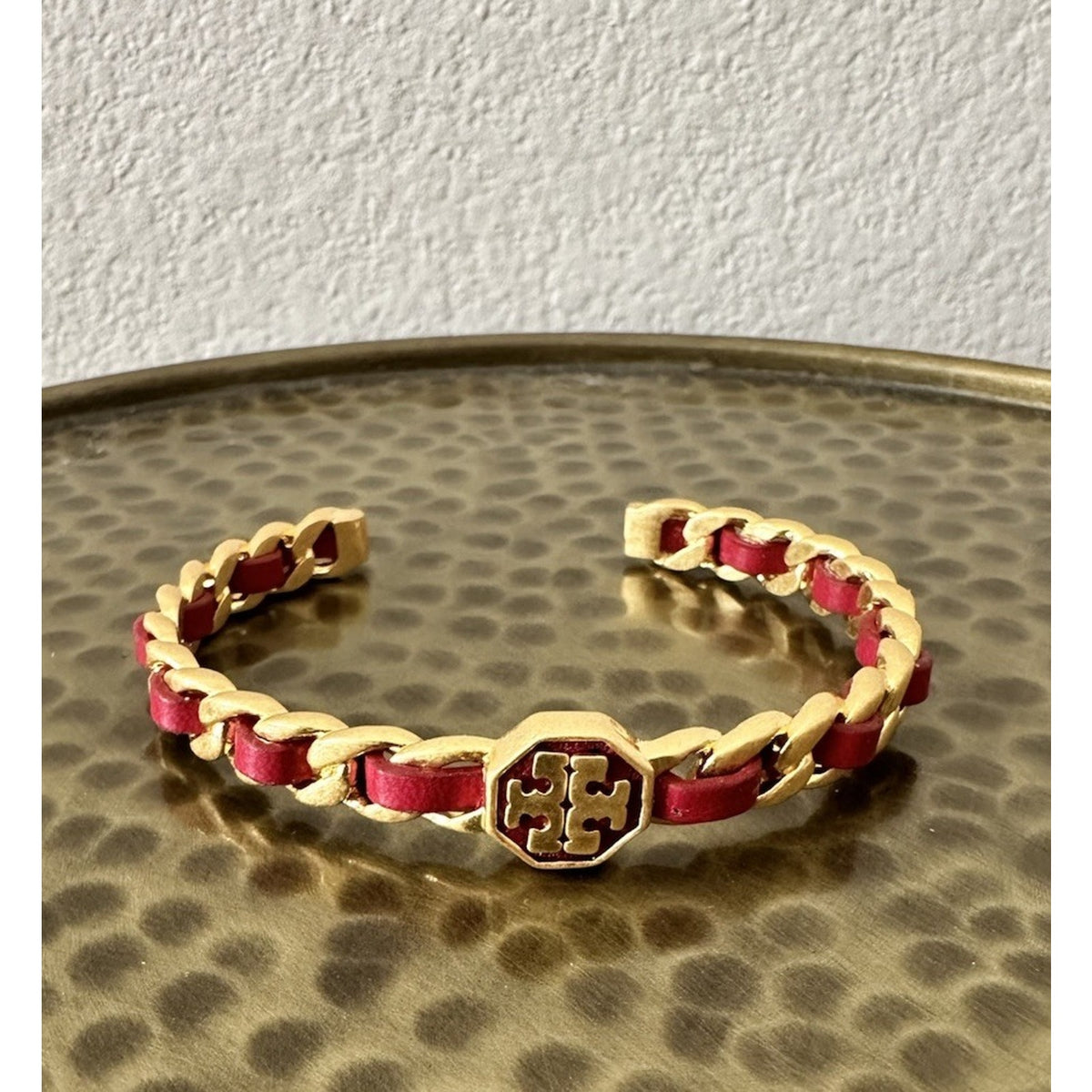 Tory Burch Gold Tone Chain Bracelet with Red Leather Inlay