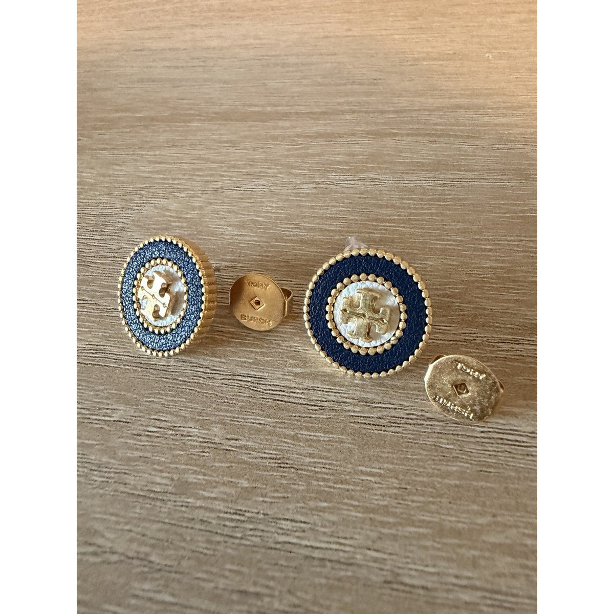 Tory Burch Navy Blue White Leather Logo Medallion Stud Earrings Gold Tone
