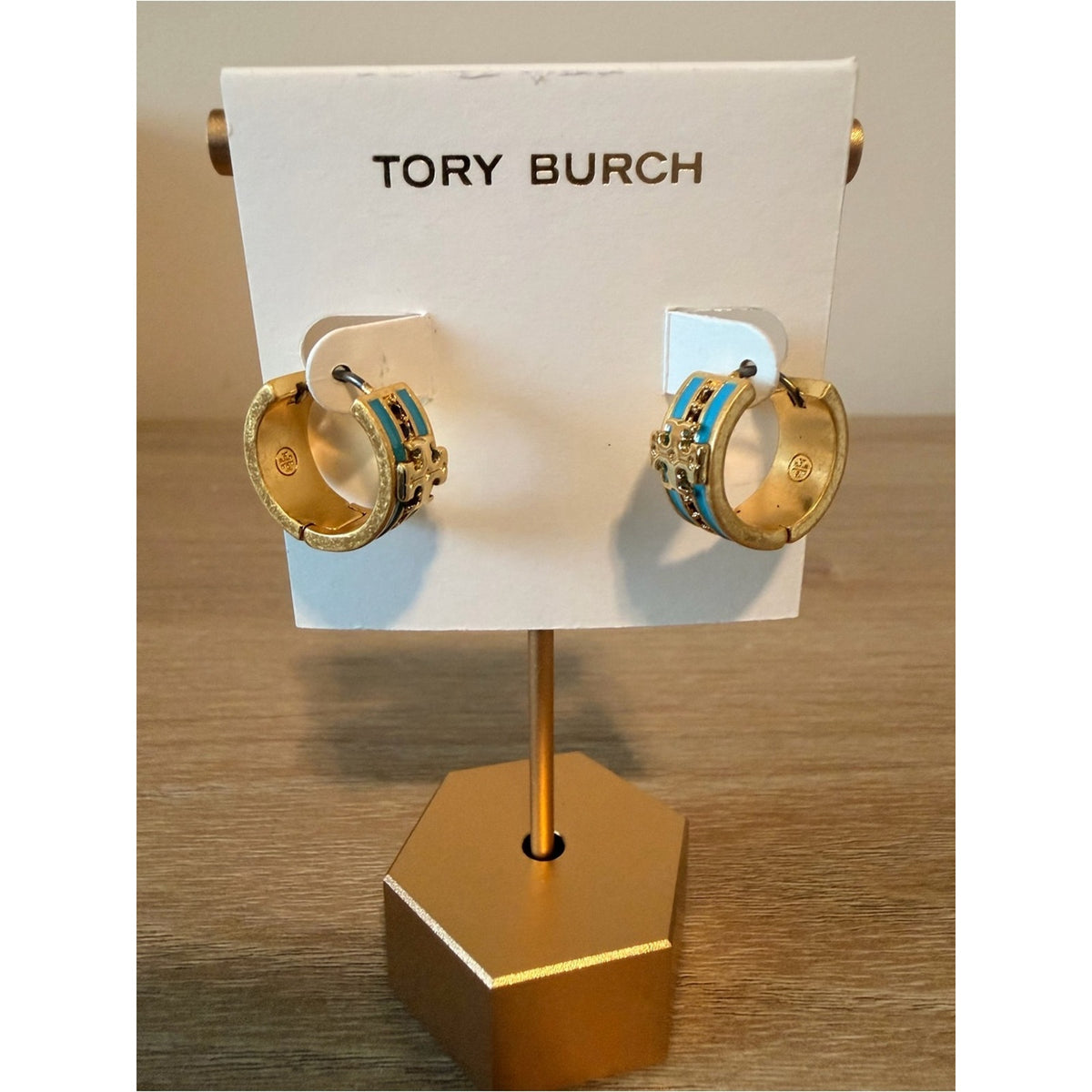 Tory Burch Gold Tone Blue Enamel Double T Huggie Hoop Earrings