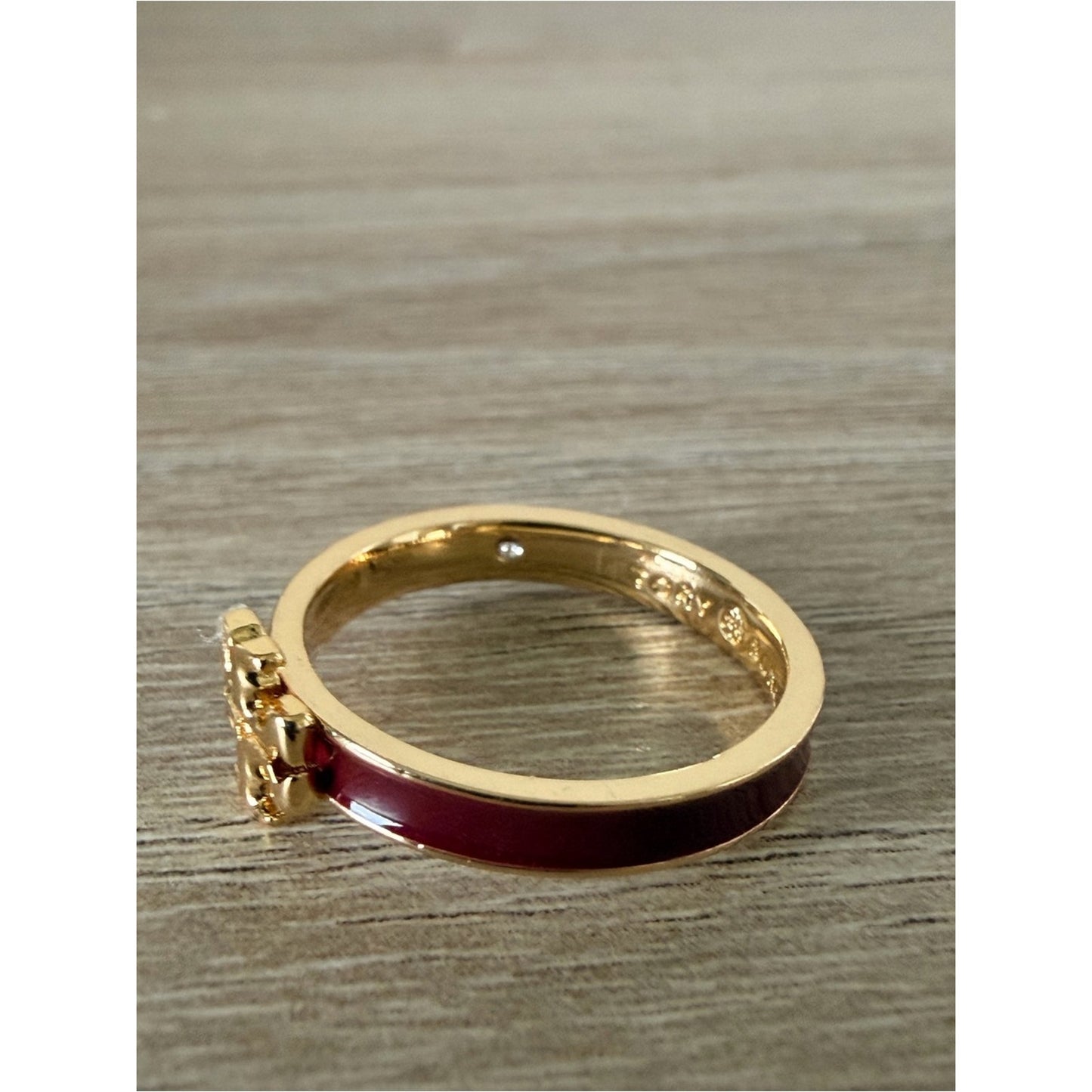 Tory Burch Burgundy Enamel Logo Ring Gold Tone Size 7 New